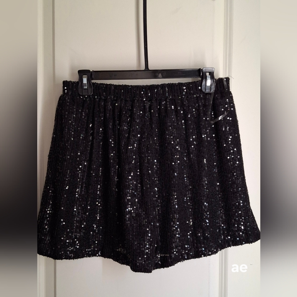 ENTRO Solid Sequin Elastic Waist Shorts Womens Sz L Formal Party Nightout Festiv